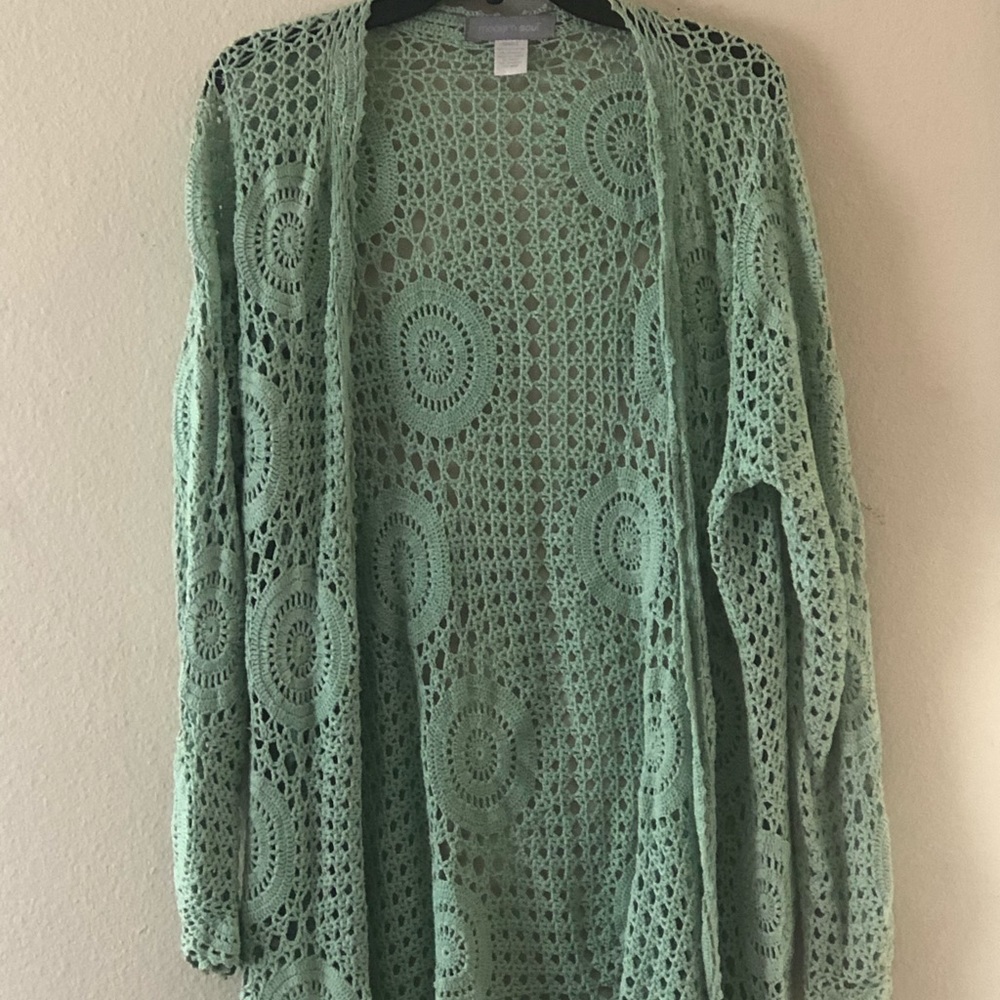 Mint green modern soul crochet open cardigan